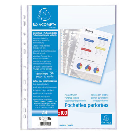 Sachet De 100 Pochettes Perforées Polypropylène Lisse 5/100e - A4. - Cristal - X 10 - Exacompta