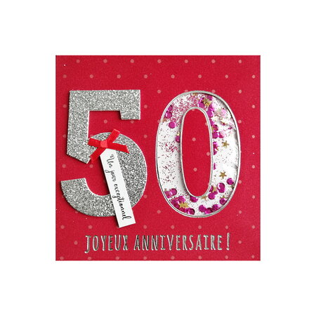 Carte de voeux glamour - anniversaire - 50 ans rouge argenté