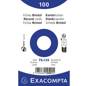Paquet 100 Fiches Sous Film - Bristol Uni Non Perforé - 75x125mm - Blanc - X 20 - Exacompta