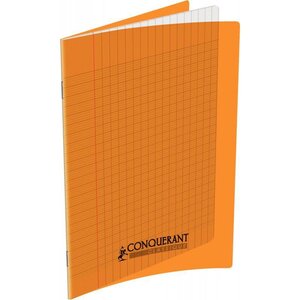 Cahier 32 pages seyès 90 g  couverture polypropylène orange  format 17 x 22 cm  CONQUERANT